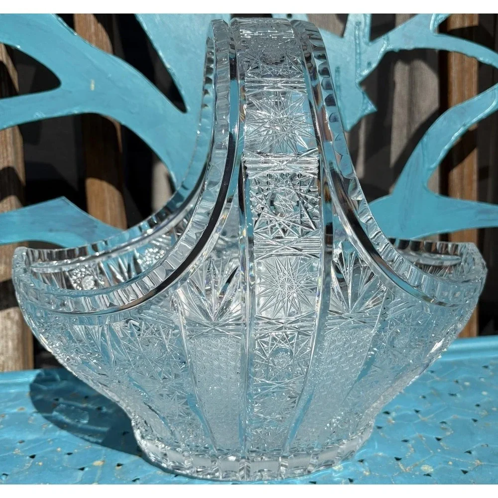 RARE SKLARNY BOHEMIA N.P. QUEEN LACE HAND CUT LEAD CRYSTAL BASKET 13